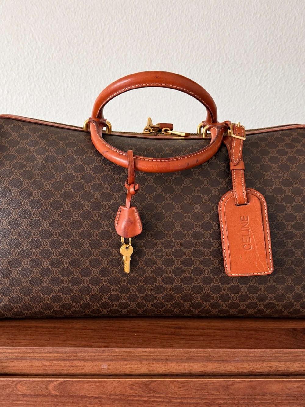 Vintage CELINE Macadam Boston Doctor Travel Bag Brown Leather Trim Lock & Keys